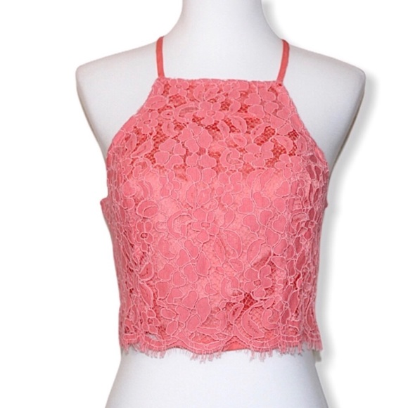NBD Pink Floral Scallop Lace Fringe Cross-Back Halter Crop Top XSmall - Picture 1 of 16